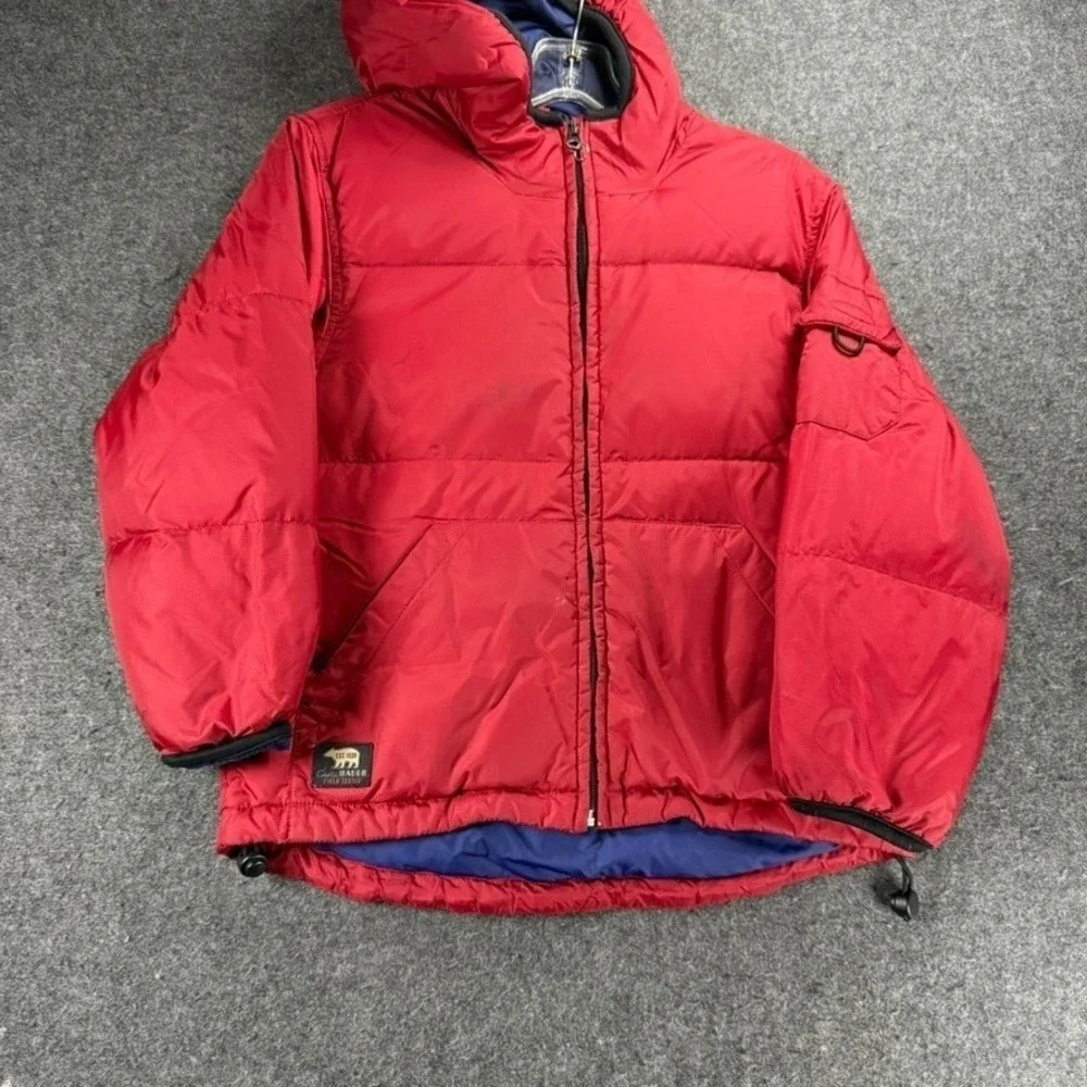 Eddie Bauer Goose Down Puffer Jacket Red Hooded Field Tested YOUTH M Vintage 00s